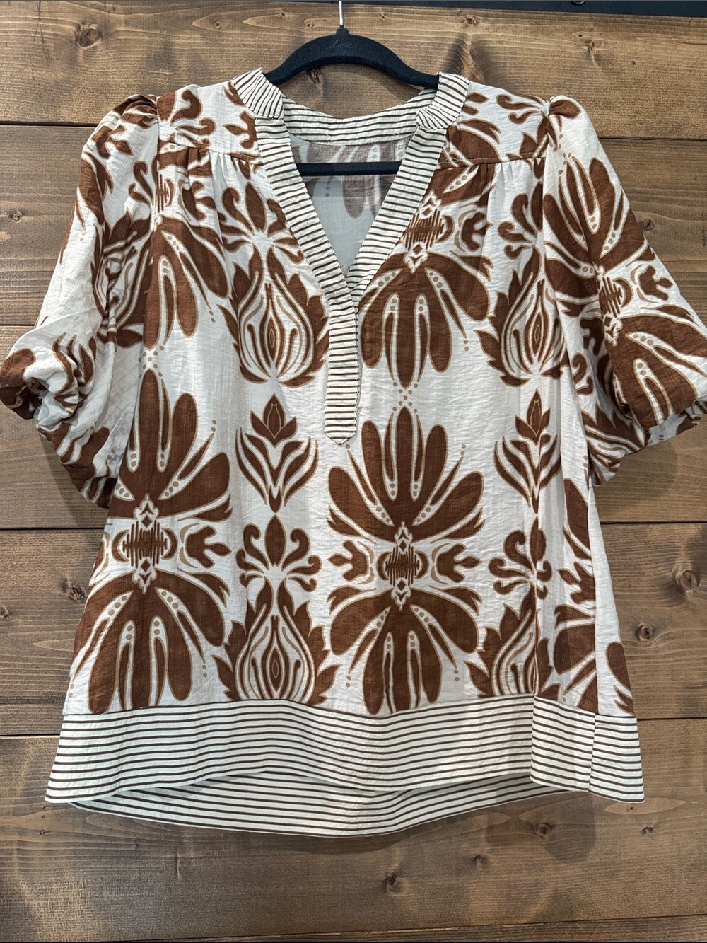 Brown Floral V-Neck Puff Sleeve Blouse